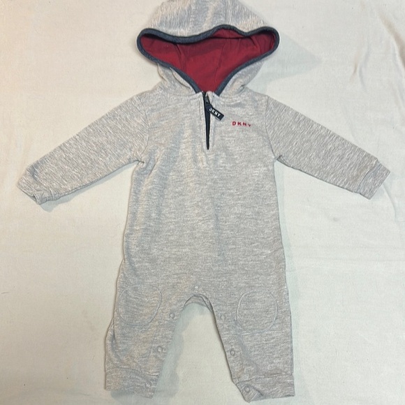 DKNY Gray and Red Cozy Footies One Piece Romper - Picture 1 of 4